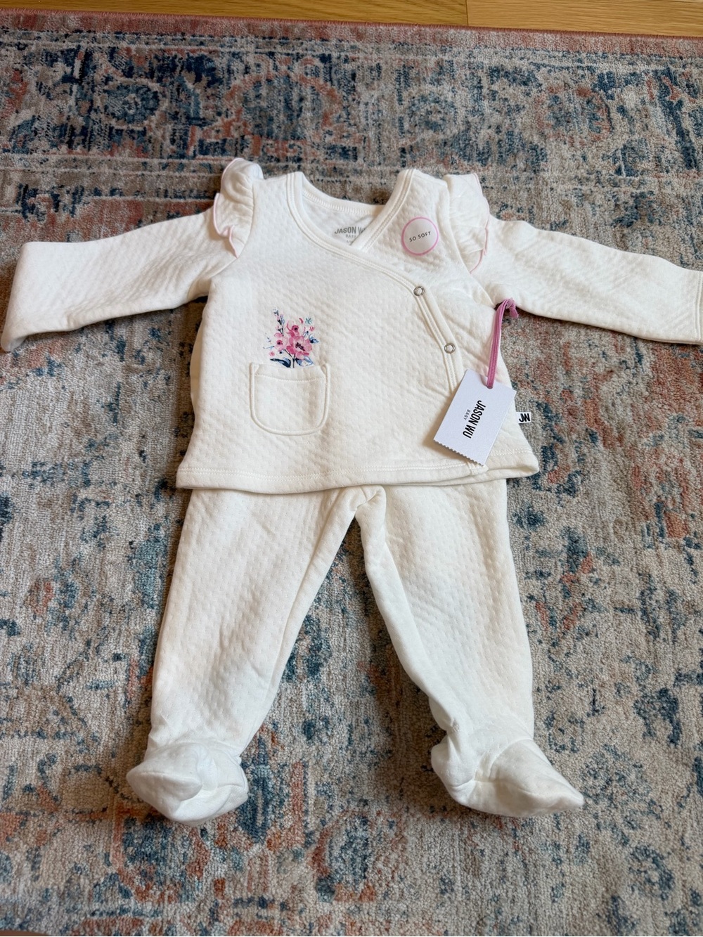 Jason Wu Cream Quilted Baby Pajama Set with Pink Floral Detail